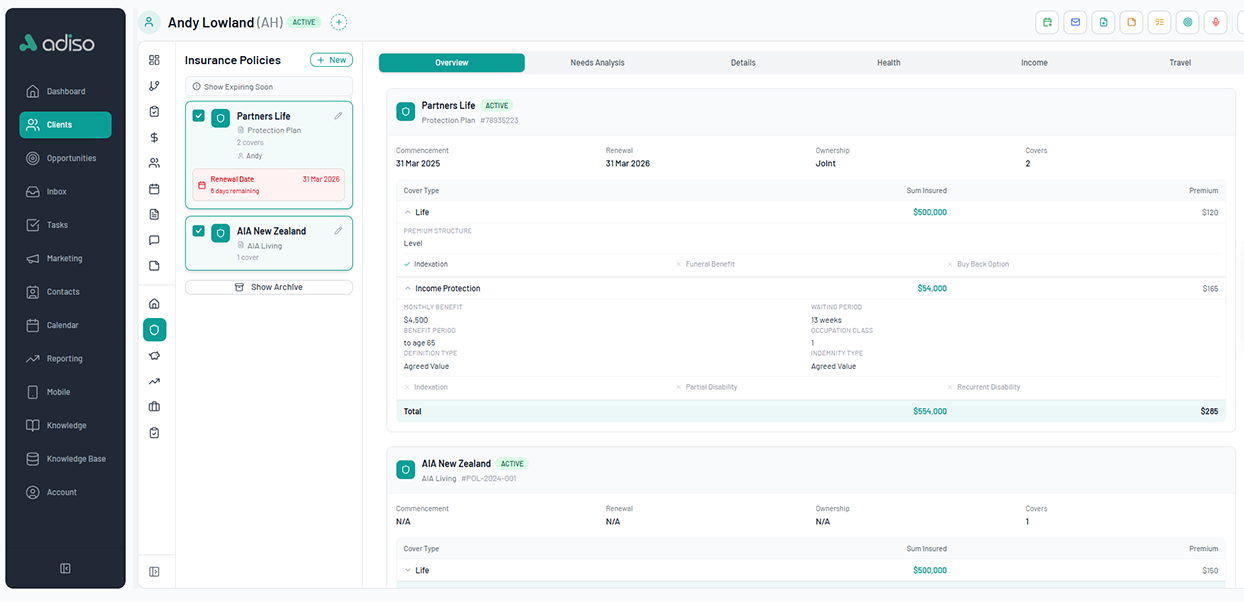 Insurance policies — full policy view with navigation in Adiso