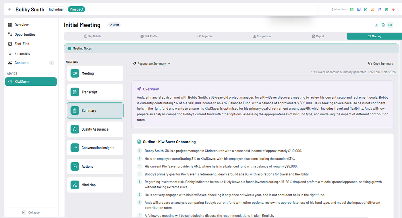 Built-in AI documentation and compliance — meeting summary in Adiso