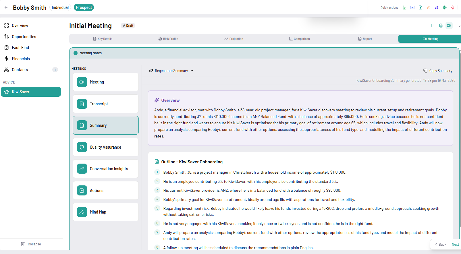 Meeting AI summary — KiwiSaver onboarding overview and outline in Adiso