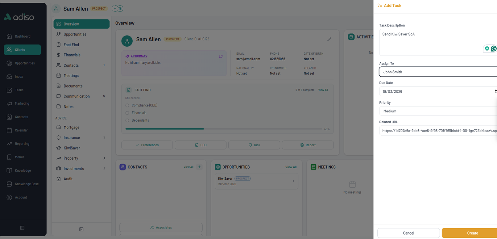 Tasks and workflow — creating and assigning a task in Adiso